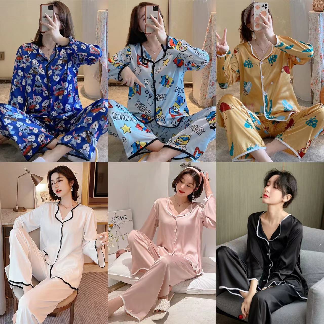 Philippine best-selling ice silk pajamas冰丝睡衣女士春季长袖