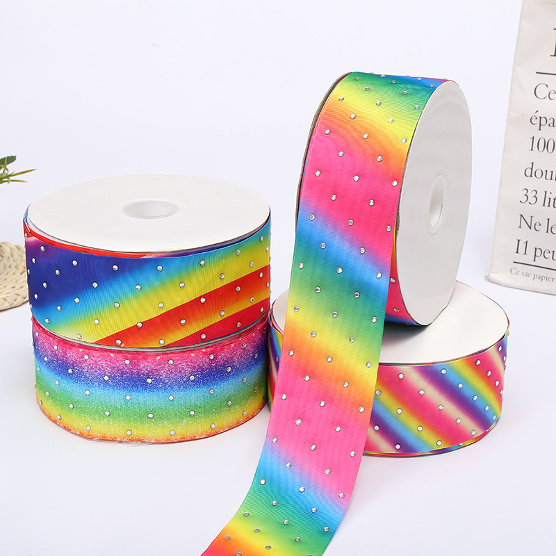 7.5cm Rainbow Rhinestone Printing Ribbon Mixed Color Gradient Polyester Ribbon Children's Hair Accessories Clothing Decoration Ribbon