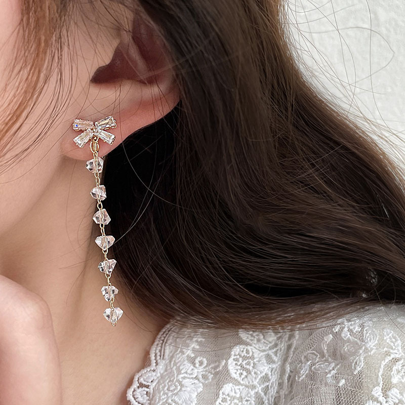 Bow Earrings Zircon Tassel Earrings Light Luxury High-Grade Ear Fairy Style Earrings Graceful Earrings Wholesale