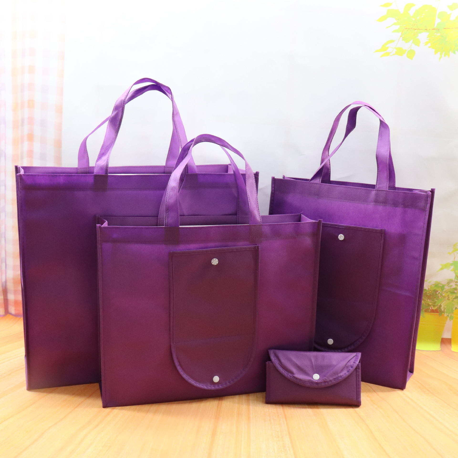 Eco-friendly Bag Advertising Buggy Bag Color Printing Hot Pressing Snap Button Supermarket Shopping Bag Folding Non-Woven Fabric Tote Bag Customization