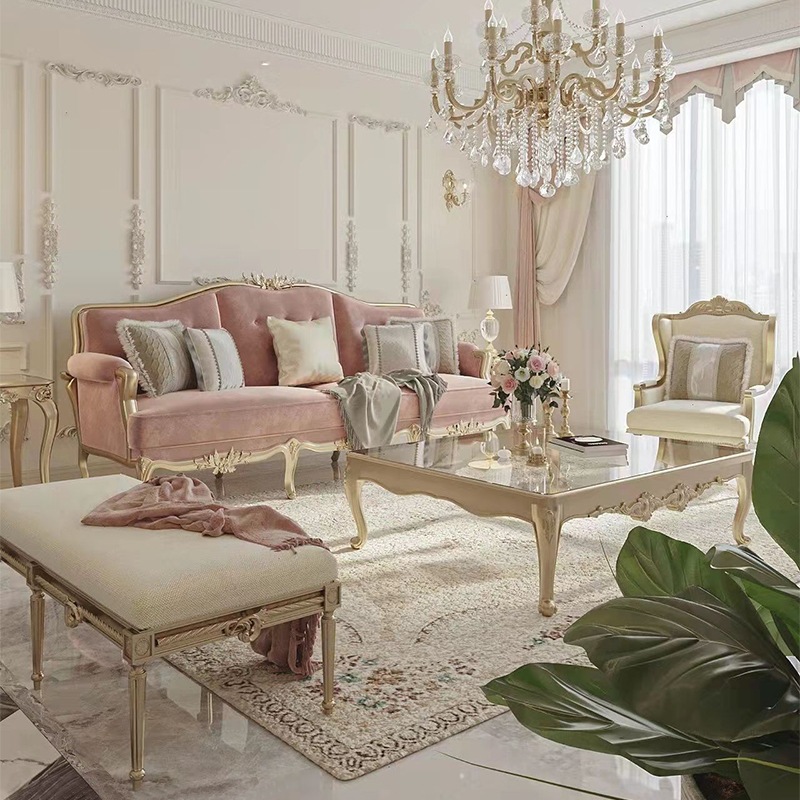 法式轻奢实木宫廷三人沙发新古典仙女风复古金色雕花茶几组合家具
