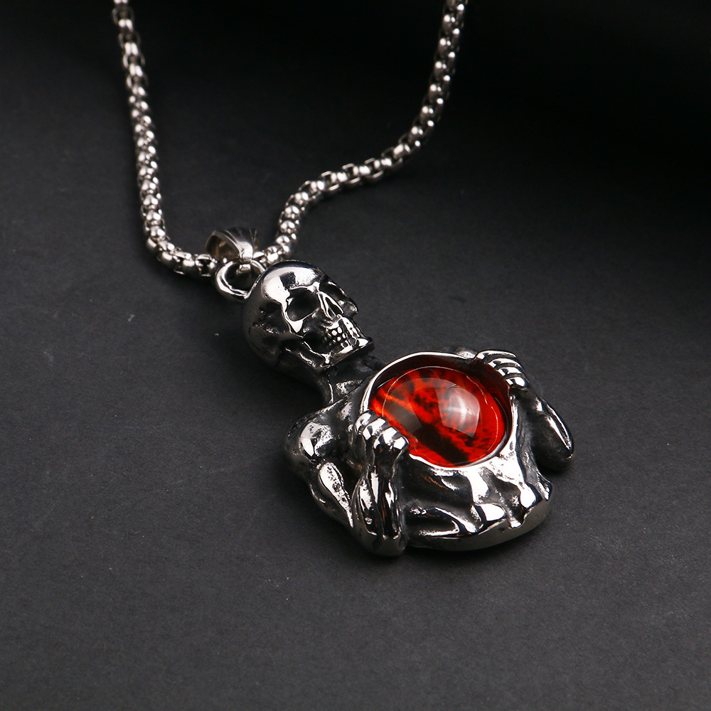 欧美霸气哥特风男士恶魔之眼骷颅头吊坠项链