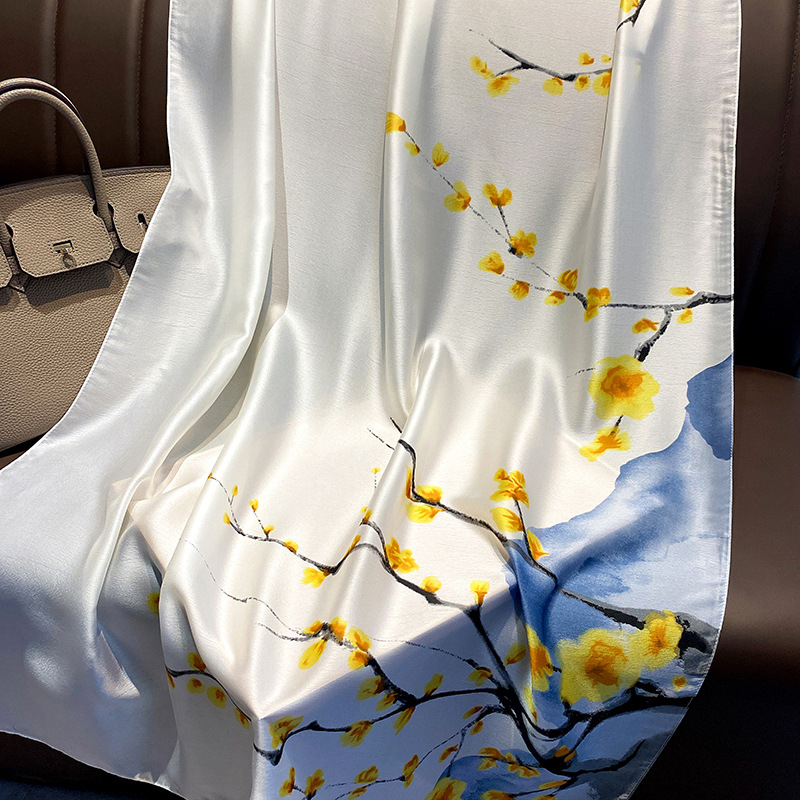2023 New Silk Scarf Women's Summer Sun Protection Talma Outer Cheongsam Gift New Silk Satin Plum Blossom Long Scarf
