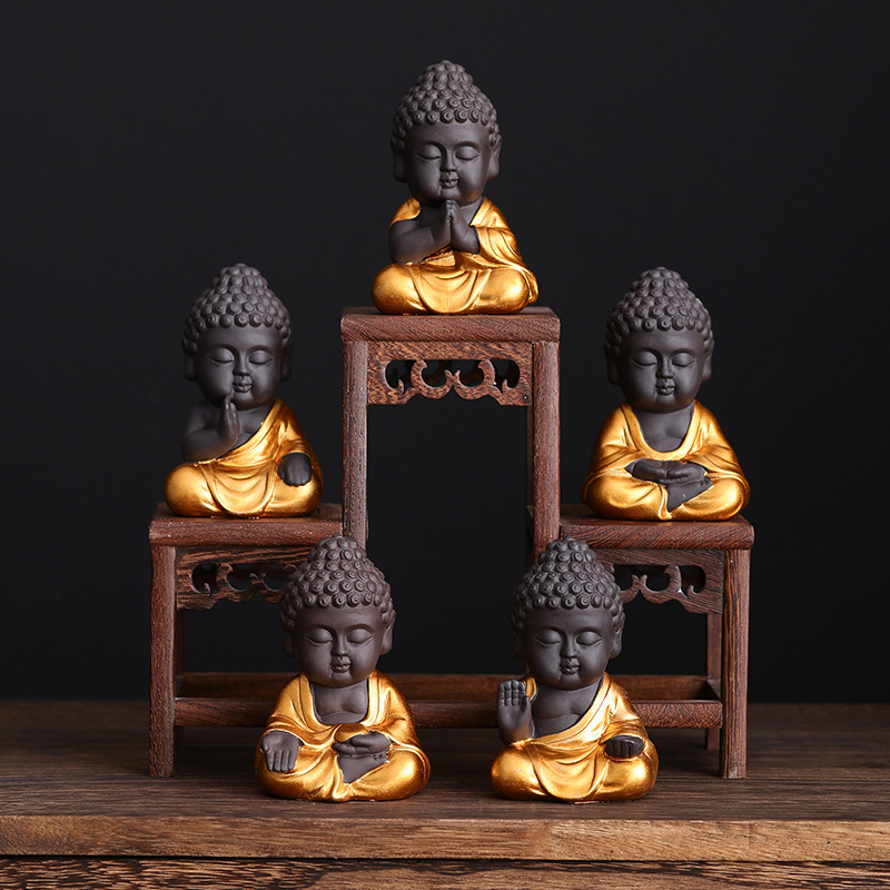 跨境紫砂禅意小和尚如来可养茶宠创意小沙弥茶桌装饰品陶瓷小摆件