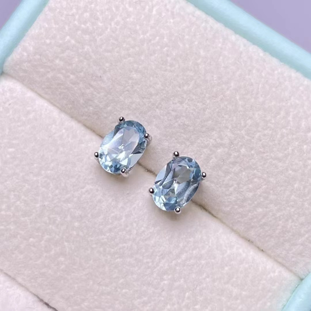 包邮简约款天然托帕石耳钉女纯银瑞士蓝宝石水晶耳饰韩版防过敏