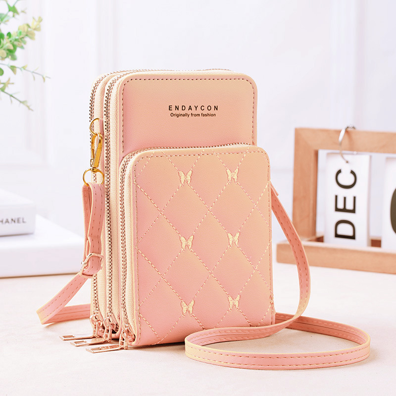 New Mobile Phone Bag Women's Korean-Style Fashionable Multi-Functional Mini Crossbody Shoulder Bag Three-Layer Zipper Solid Color Simple Wallet