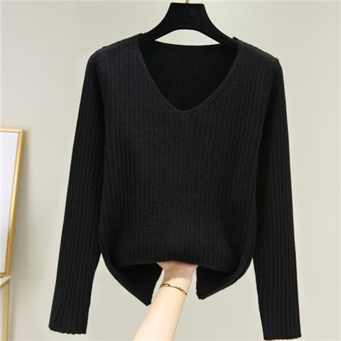 Spring New Long-Sleeved Bottoming Shirt Women's Inner V-neck Sweater Women's Loose Solid Color Top Short Autumn and Winter Sweater