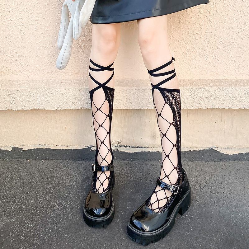 春夏季绑带袜子黑白色纯欲交叉日系lolita薄款女网袜可爱jk小腿袜