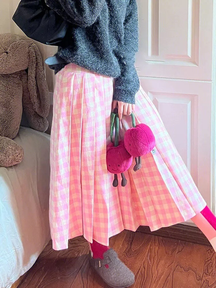 Pink Girl Plaid Pleated Skirt Female 2023 Spring New Skirt Long Women's Clothing Clothing