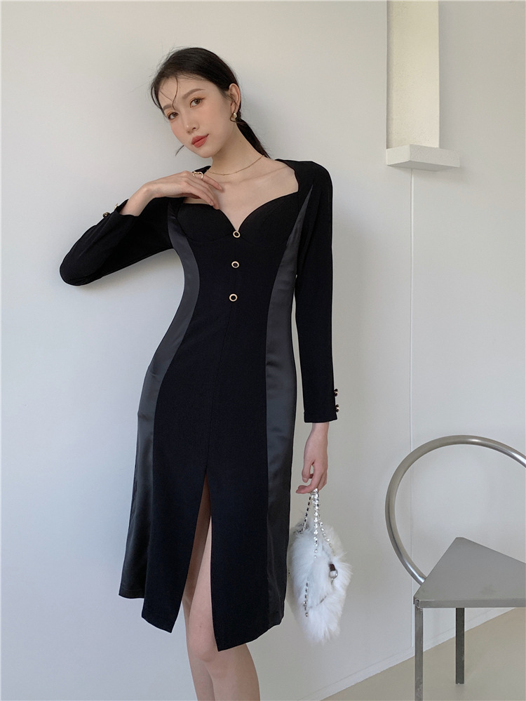 年会礼服裙新款女装黑色开叉中长款性感连衣裙