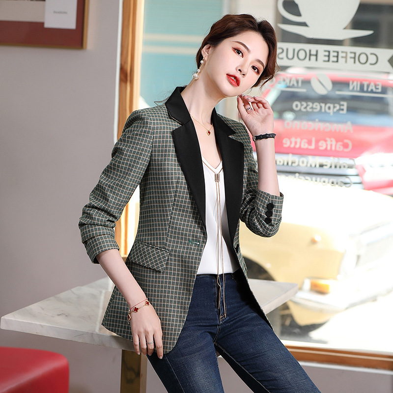 格子西装外套女春秋时尚气质韩版英伦风修身撞色拼接休闲西服上衣
