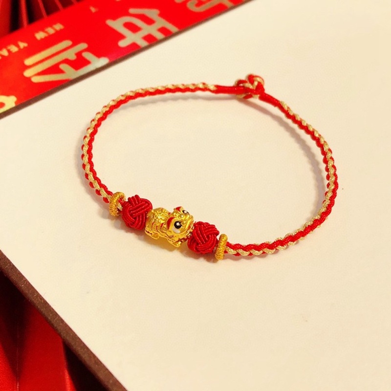 足金999纯黄金醒狮手链复古狮子手串新年红绳虎狮吉祥中国风手绳