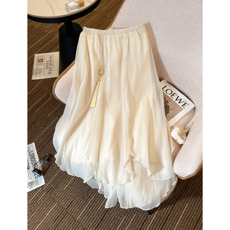 杏色不规则纱裙半身裙女春夏2024新款中长款超仙新中式雪纺半身裙