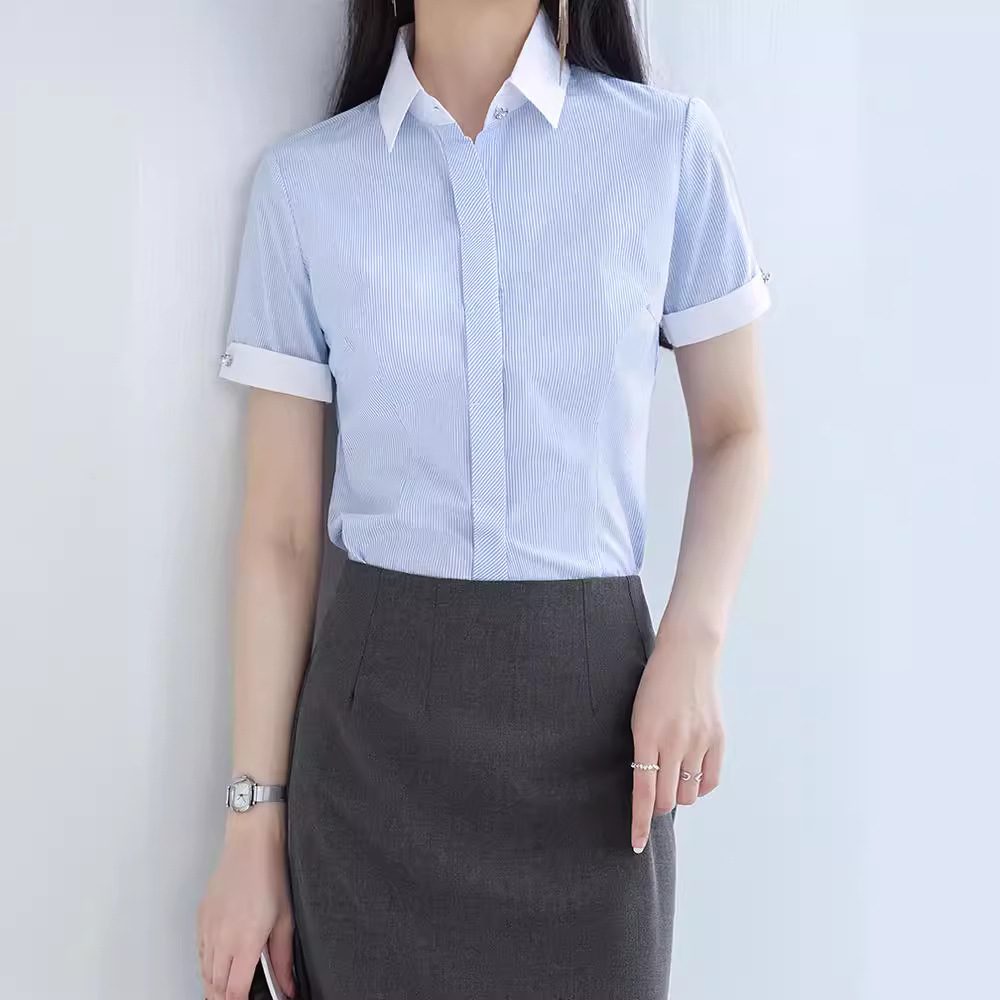 夏季新款女士商务短袖衬衫职业装蓝色条纹休闲衬衣正装韩版修身ol