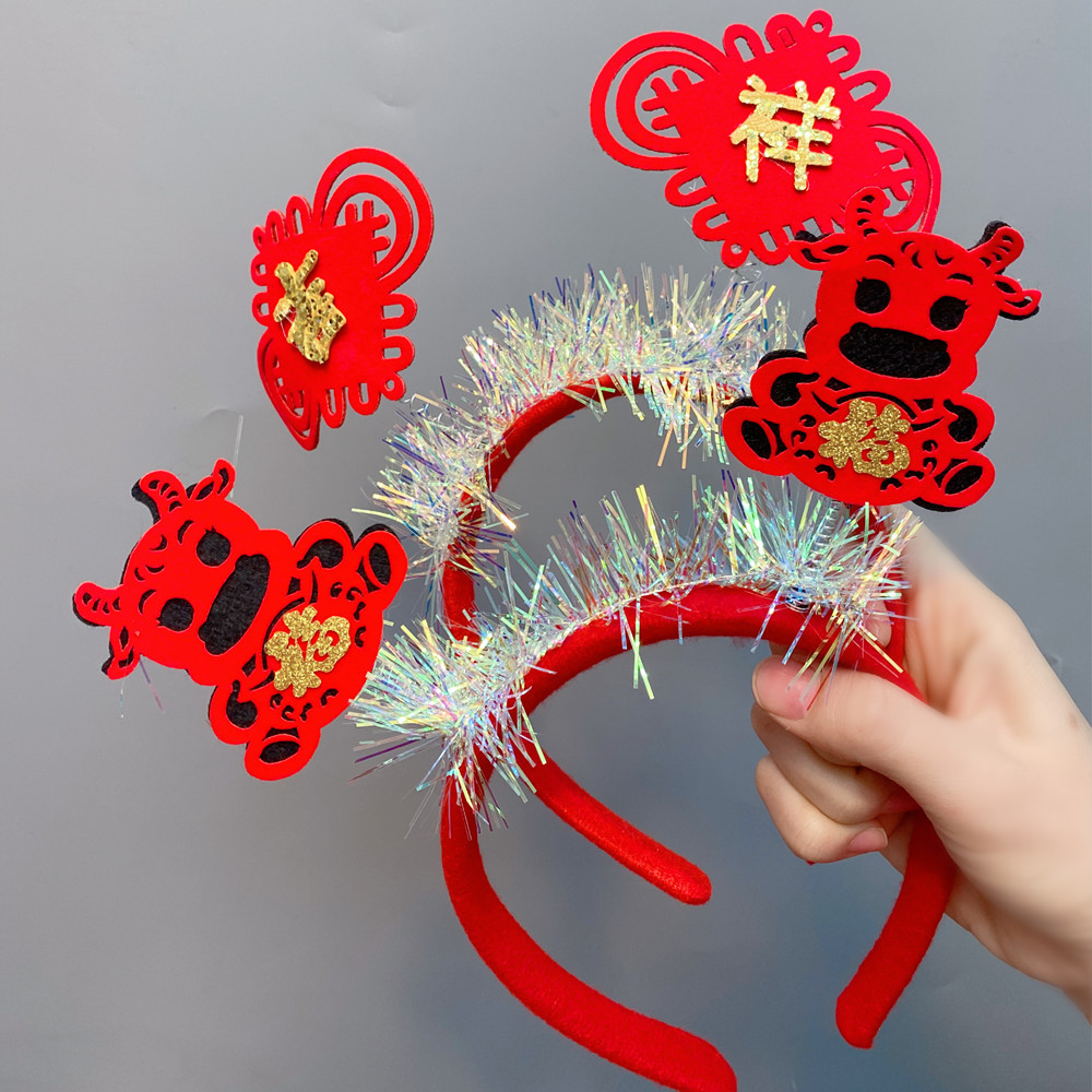 b055-1新年发饰批发喜庆牛年头饰大红色节日发箍灯笼牛头福气头箍