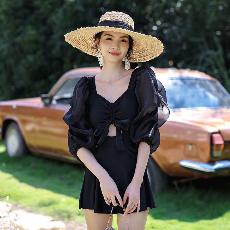 2022新款泳衣女连体时尚泡泡袖大码显瘦遮肚性感韩国ins温泉泳装