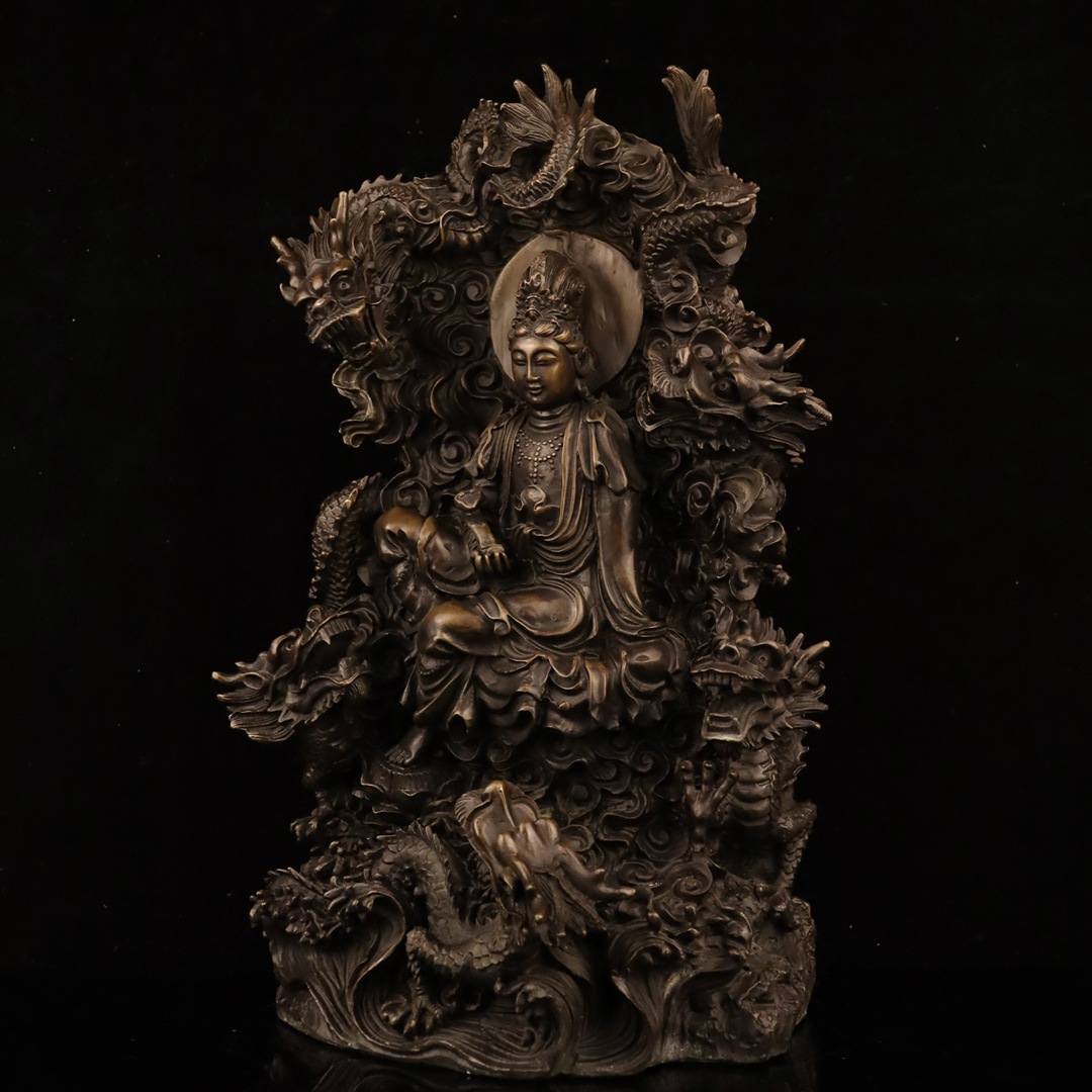 黄铜九龙观音摆件仿古铜五龙观世音千手观音菩萨家居佛堂寺庙供奉