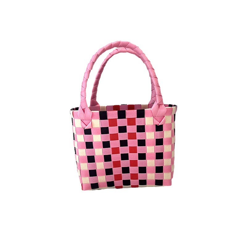 Internet Celebrity Basket Hand-Woven Plastic Vegetable Basket Bag Color Plaid Full Moon Gift Small Basket Beach Bag