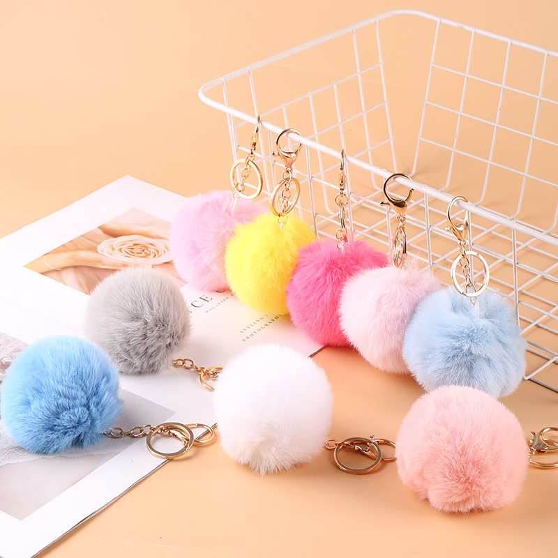 8cm Imitate Rex Rabbit Fur Pompons Keychain Handmade DIY Luggage Accessories Pendant Pompons Wholesale Cross-Border