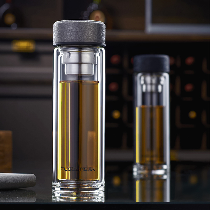 富光双层水晶玻璃杯加厚带滤网泡茶杯男女士商务便携杯logo