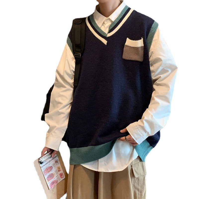 Men's Stitching Sweaters Vest Japanese College Style Spring and Autumn Couple Retro Outerwear Vest Coat