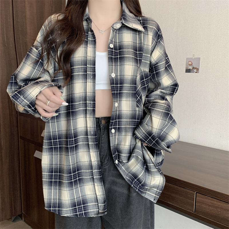 港风复古格子衬衫女款2024春装小个子衬衣外套休闲开衫上衣外搭