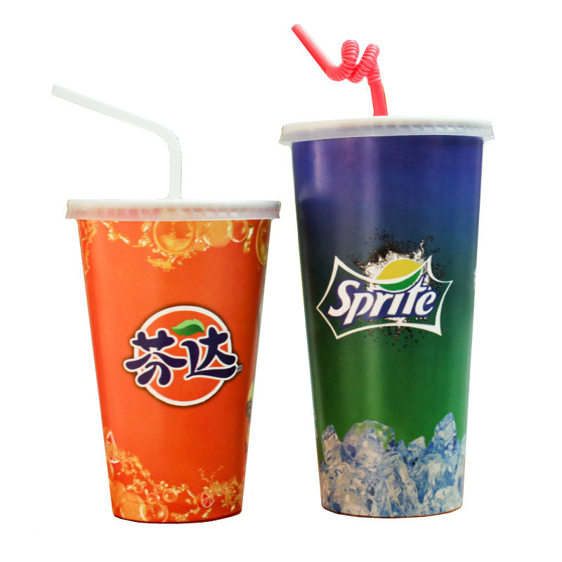 一次性雪碧芬达百事可乐纸杯 带盖加厚双淋膜外带杯 冷饮可乐纸杯