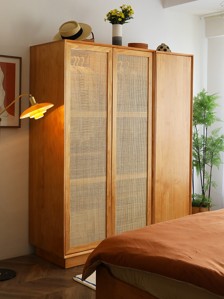 北欧实木衣柜家用卧室藤编双门衣物收纳柜民宿日式多功能储物衣橱