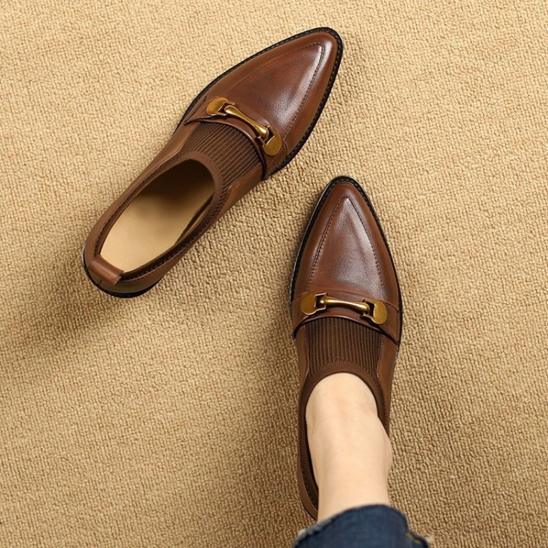 法式复古尖头粗跟深口高跟鞋女春秋2024春季新款中跟松紧棕色单鞋