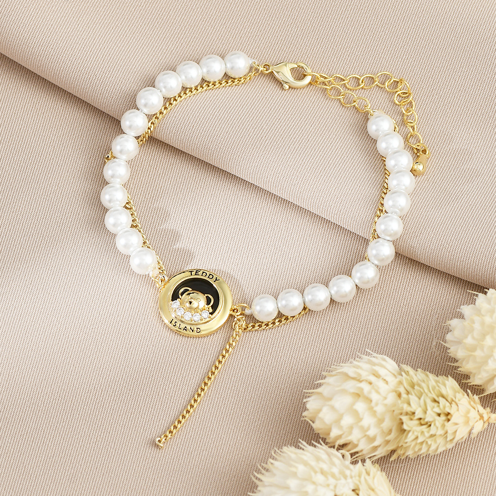 Original Designer Series Real Gold Electroplated Light Luxury Teddy Bear Bracelet Female High Sense Double Bear Pearl Bracelet