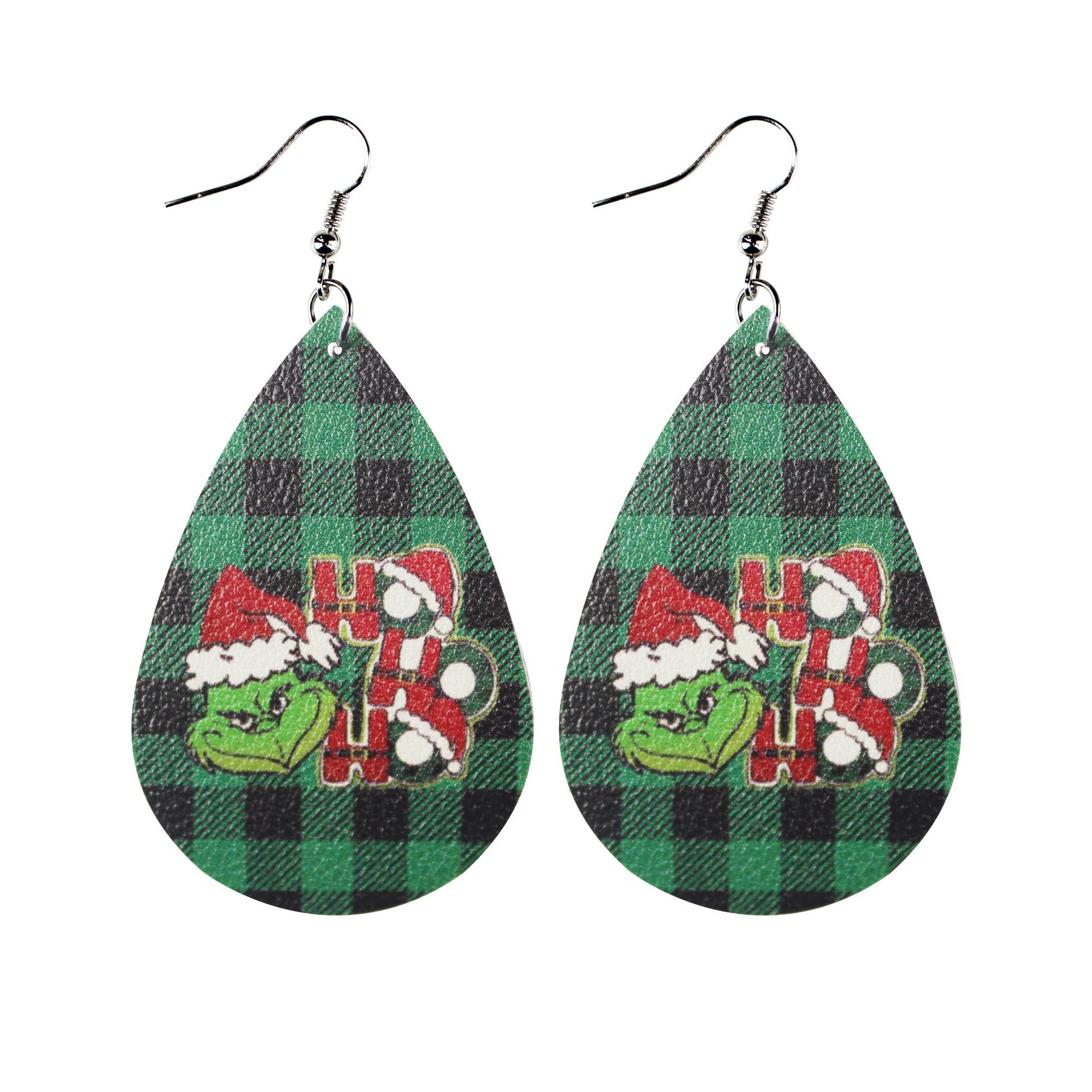 Christmas Leather Earrings Double-Sided Printing Composite Striped Plaid Grinch Ghost Elf Women's Pu Water Drop Earrings