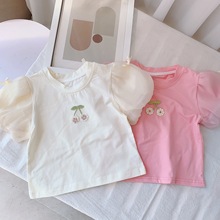 2023夏0-3岁女童小童韩版洋气潮流公主泡泡袖樱桃短袖T恤上衣外穿