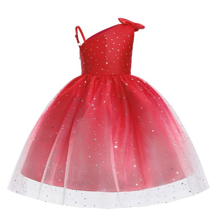 Cross-border New Mesh Sequin Girls' Dress High-end Bow Sling Princess Dress Children's Day Performance Dress image