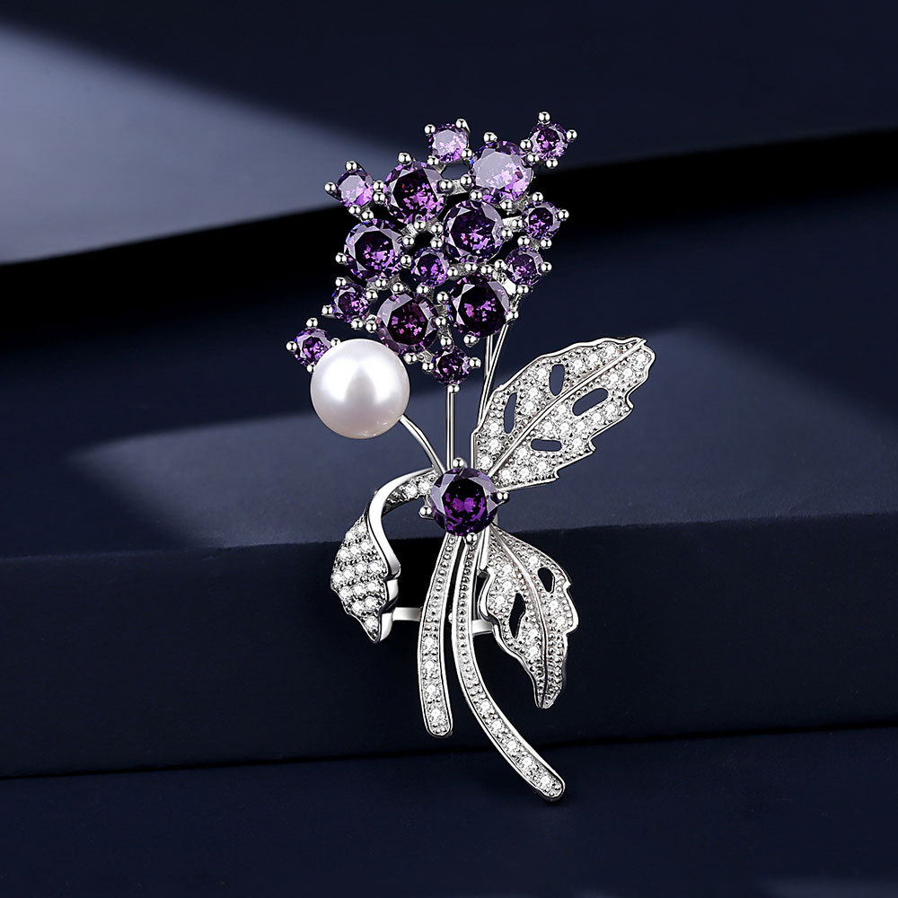 Violet Freshwater Pearl Brooch Wholesale S925 Sterling Silver Flowers Pin Corsage High-End Entry Lux Gifts for Girlfriend