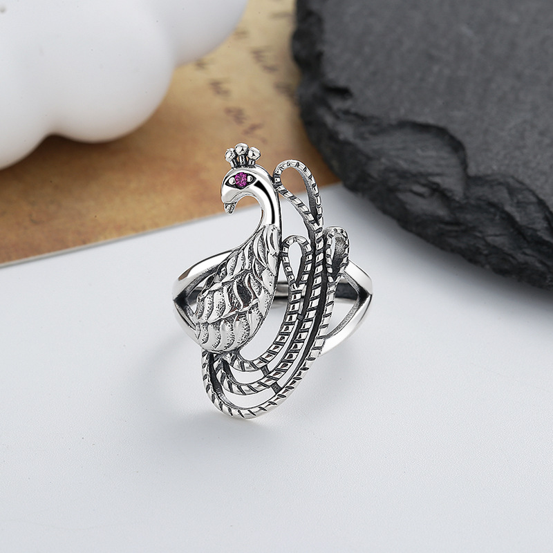 潮晟s925纯银复古民族风孔雀凤凰造型戒指个性创意款时尚配饰指环