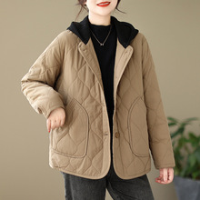 实拍复古棉质冬季夹棉保暖长袖棉衣女2023新款纯色菱格棉袄短外套