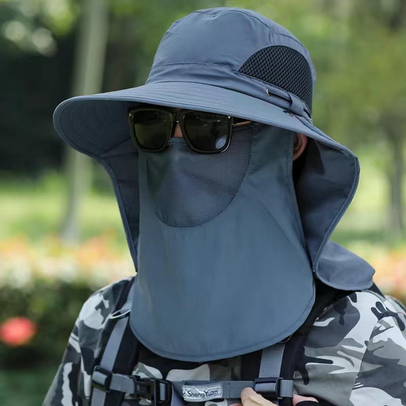 Sunscreen Mask Bucket Hat Outdoor Big Brim Face-Covering Tea Picking Sun Hat Dustproof Mosquito-Proof Breathable Quick-Drying Fishing Hat