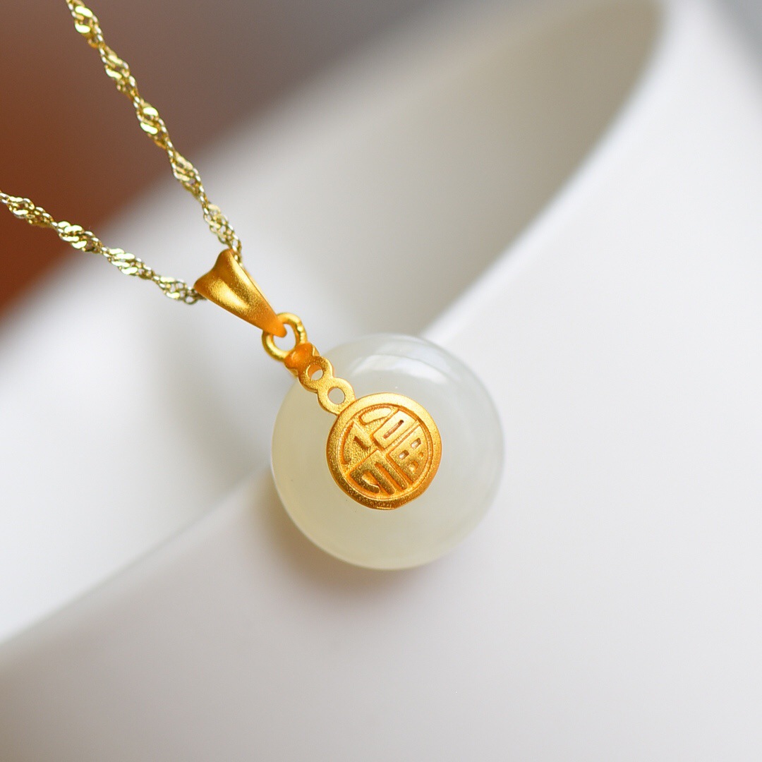 s925银镀金镶和田玉白玉平安扣福字吊坠复古时尚气质项链锁骨链女