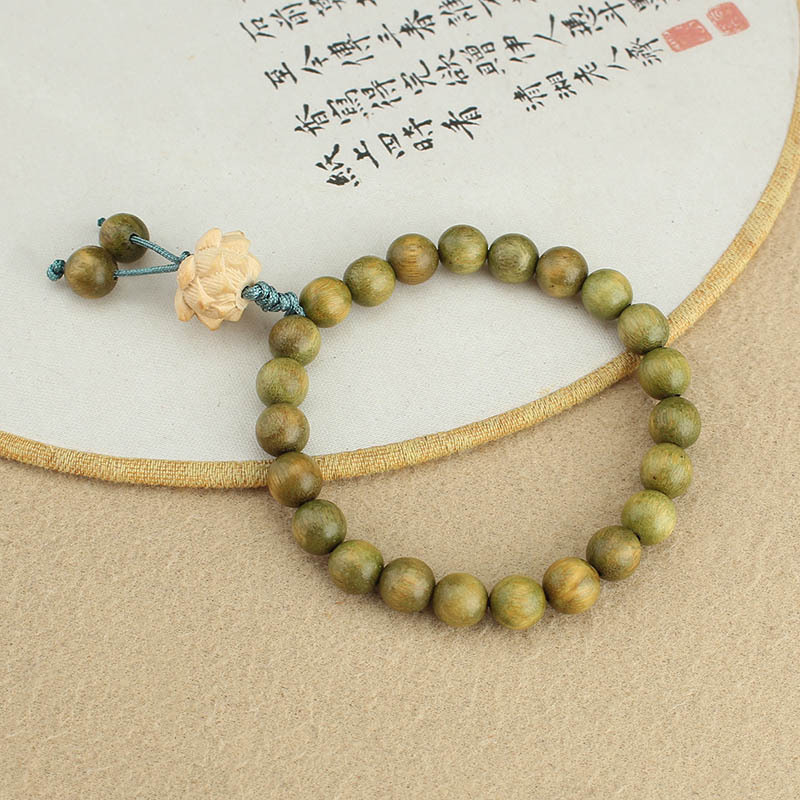 Natural Green Sandalwood Bracelet Female Mori Style Student Pliable Temperament Hand Toy Buddha Beads Sandalwood Single Circle Beads Lotus Bracelet