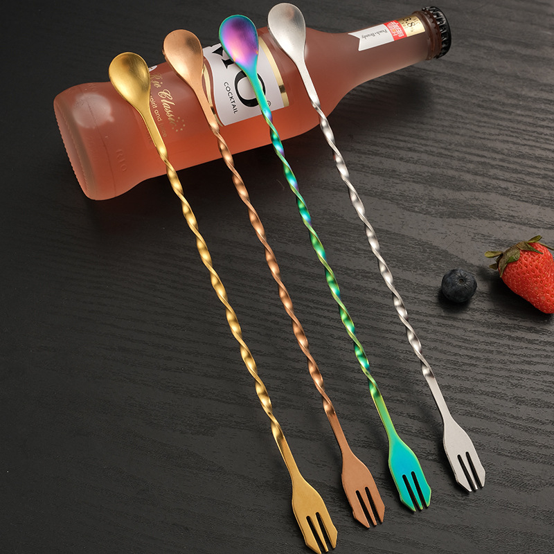 批发奶茶长柄调酒棒ktv吧梗搅拌镀钛金色冰勺 双头不锈钢酒吧吧勺