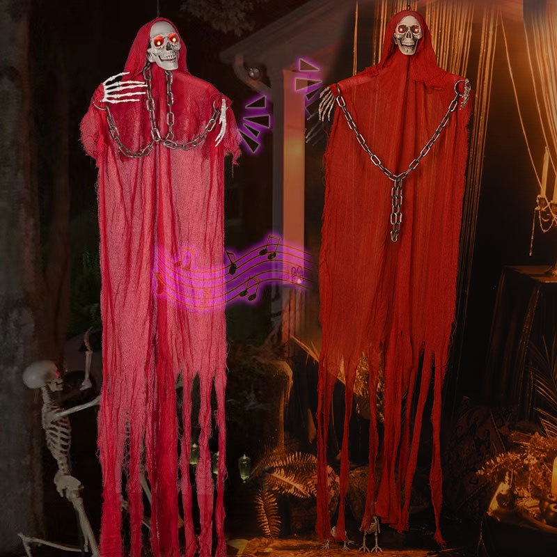新品万圣节电动红衣铁链大吊鬼酒吧鬼屋恐怖装饰道具声控玩具吊鬼