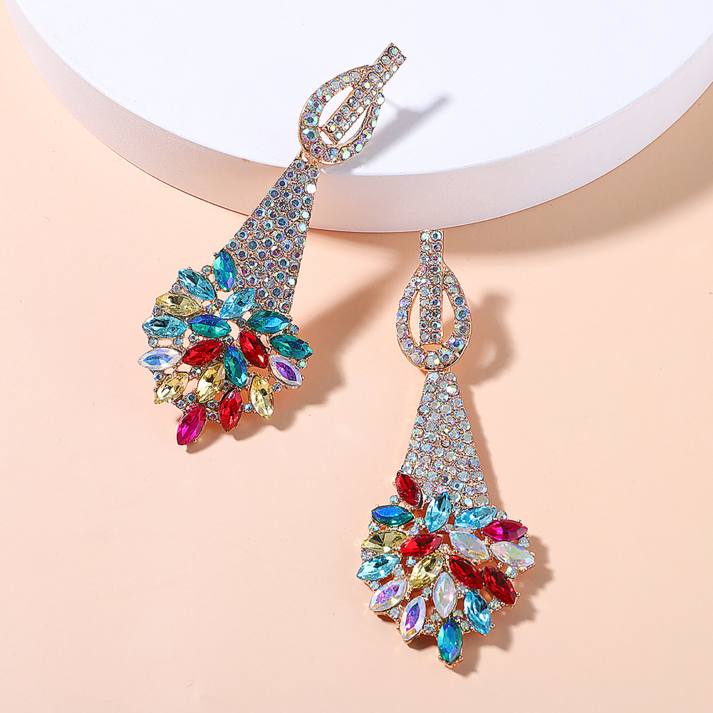 跨境新款欧美奢华时髦彩钻耳环合金镶嵌满钻花朵耳坠婚纱宴会配饰