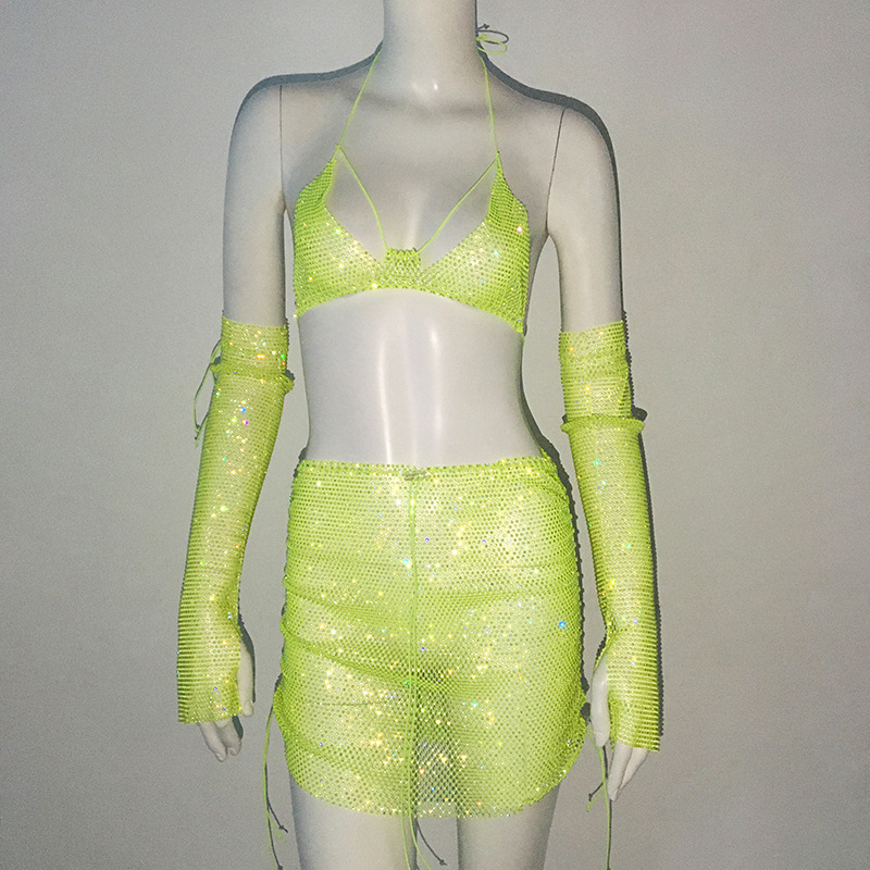 New Cross-Border Women's Rhinestone Sling Mesh Flash Diamond Fishing Net Top Sexy Bikini Top Mini Skirt Suit