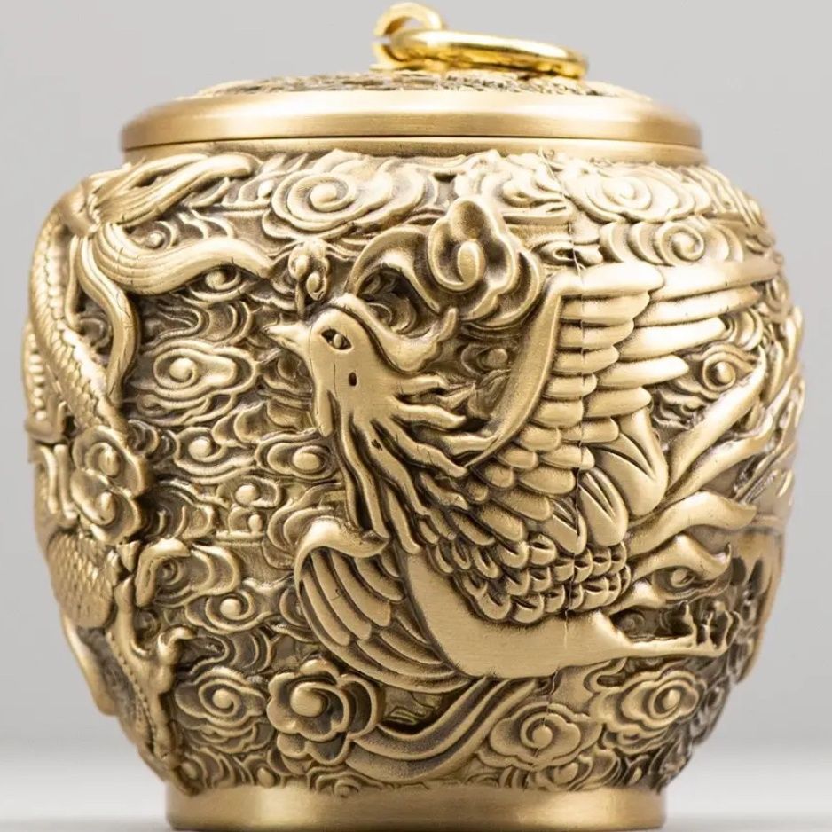 全铜茶叶罐龙凤茶叶罐家居装饰礼品黄铜储物罐零钱储存罐带盖坛子