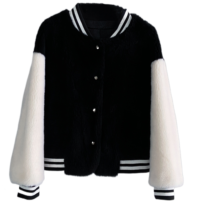 新短款撞色棒球服宽松皮草大衣女年轻复合皮毛一体冬季羊羔毛外套