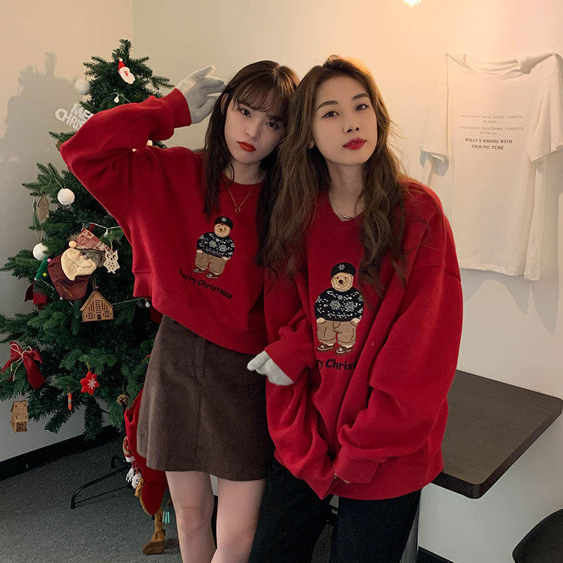小熊绣花红色过年圣诞卫衣女装2021新款加绒姐妹闺蜜装