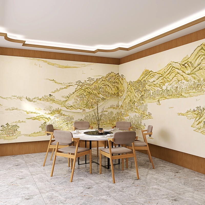 复古中式山水刺绣图壁画手绘背景墙餐厅饭店装饰壁布茶室装修墙纸