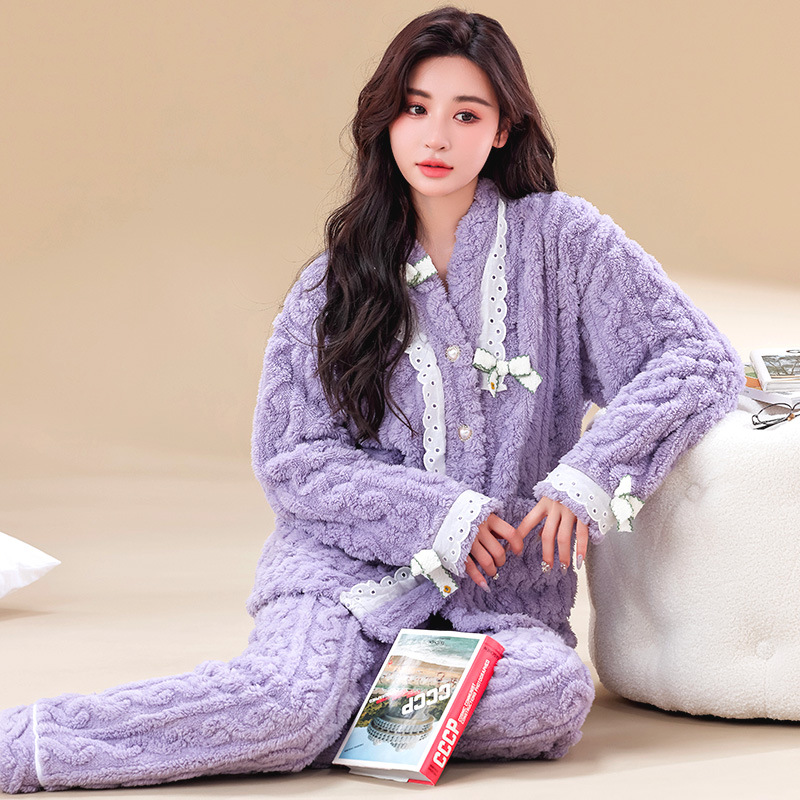秋冬季珊瑚绒睡衣套装女士加厚保暖法兰绒网红小香风家居服可外穿