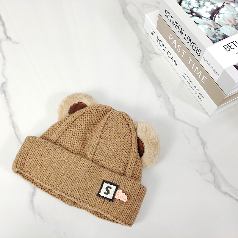 Children's Hat Autumn and Winter Bear Knitted Hat Boys' Handsome Woolen Cap Girls' Fashion Warm Hat Thick Windproof Sets