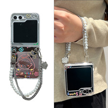 线条女孩适用三星Galaxyzflip5手机壳折叠镜面保护套zflip3/4链条
